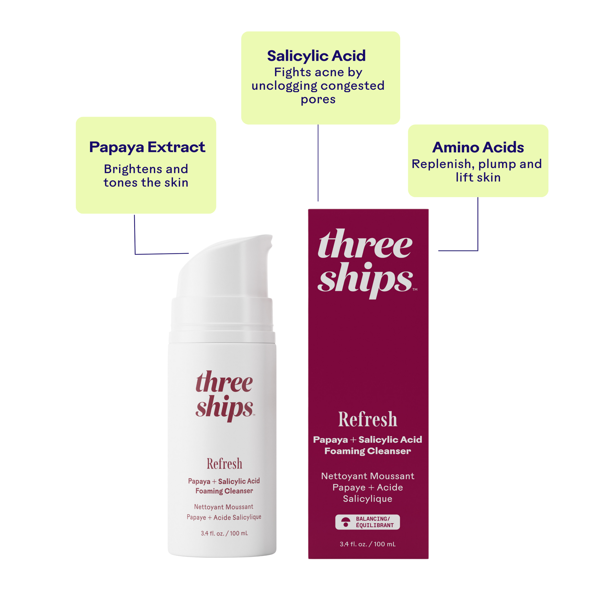 Lueur Nettoyant Moussant Visage - Papaye Acide Salicylique by Three Ships (No Duties | Ships from US/CA | USMCA Compliant)